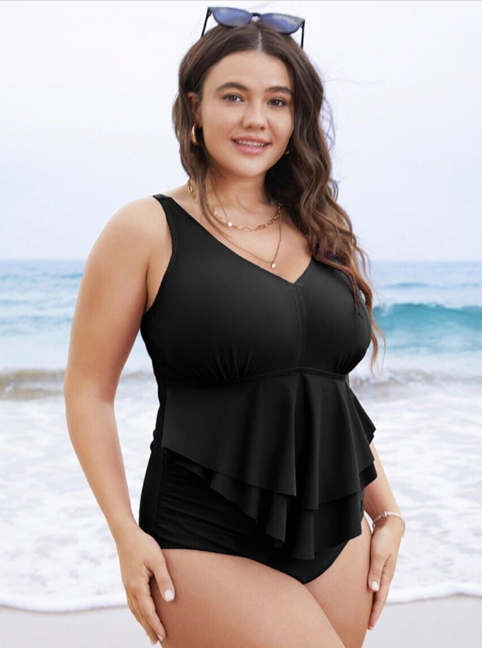 Bloomchic One Piece Swimsuit Women's Plus Sz 30 Black Sculpt Waist Ruffle Tiered